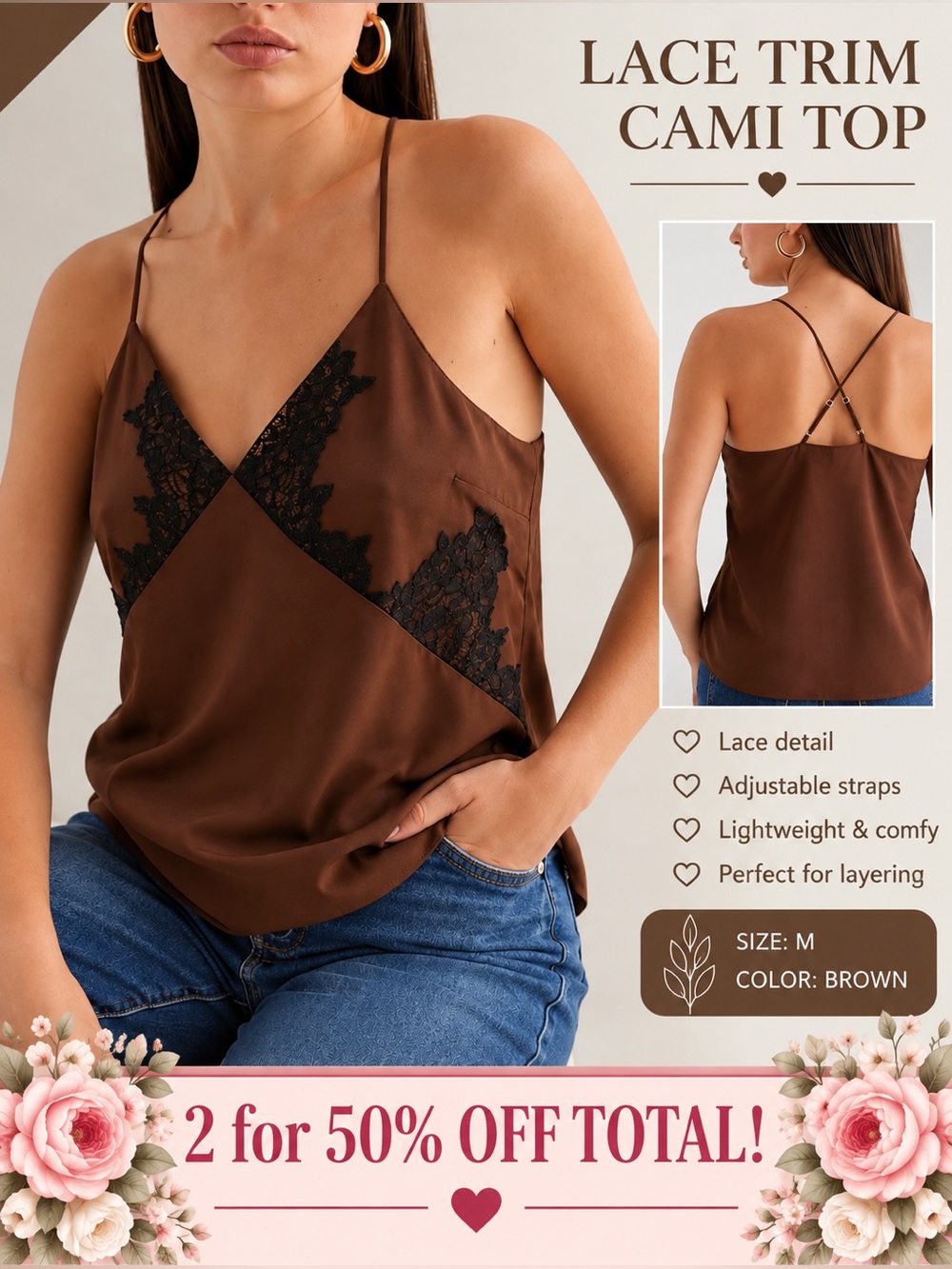 Express Y2K Satin Downtown Lace Contrast Cami Top Rich Mocha Brown S